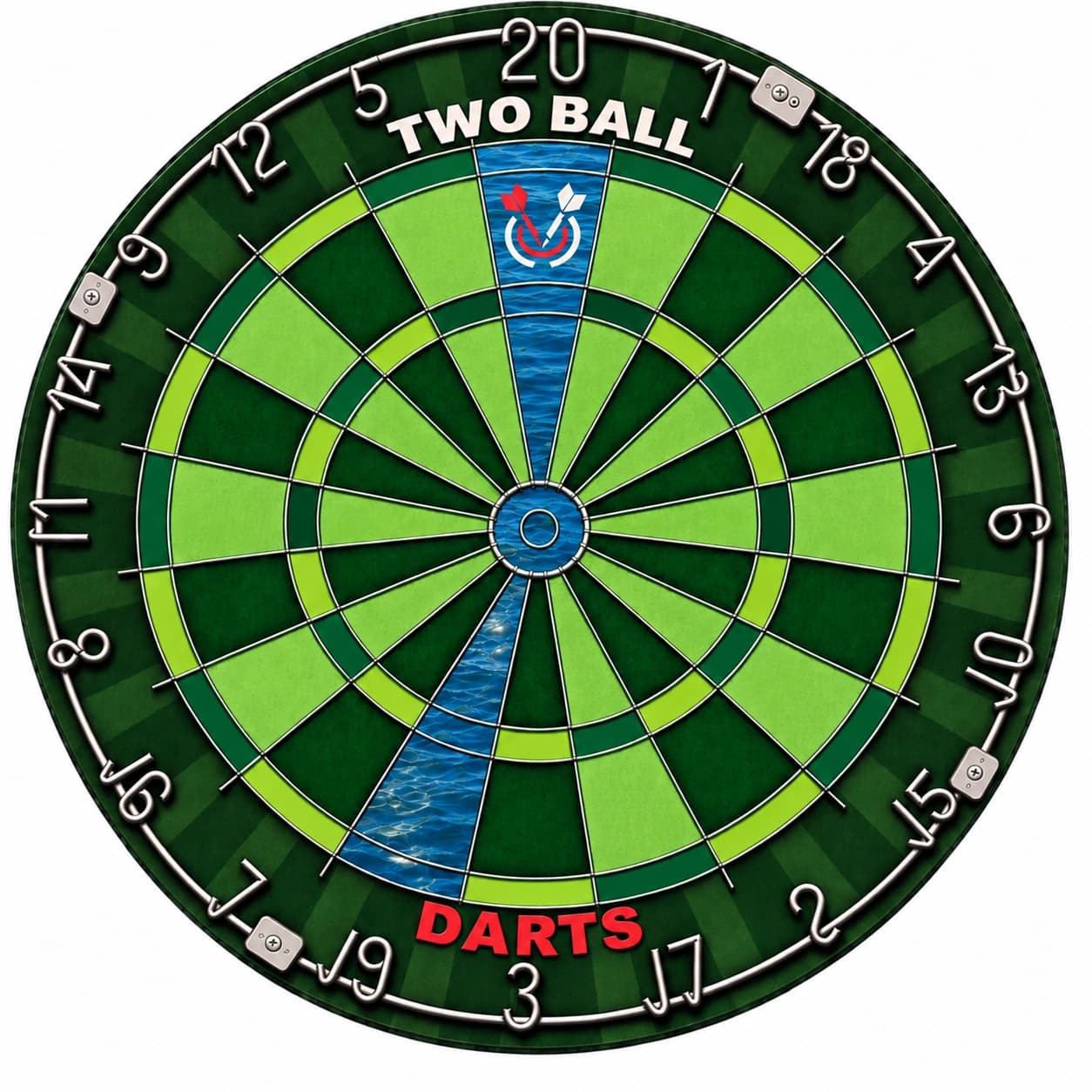 Official TwoBall dartboard with the complete 20 wedge, complete 19 wedge, and bull marked blue